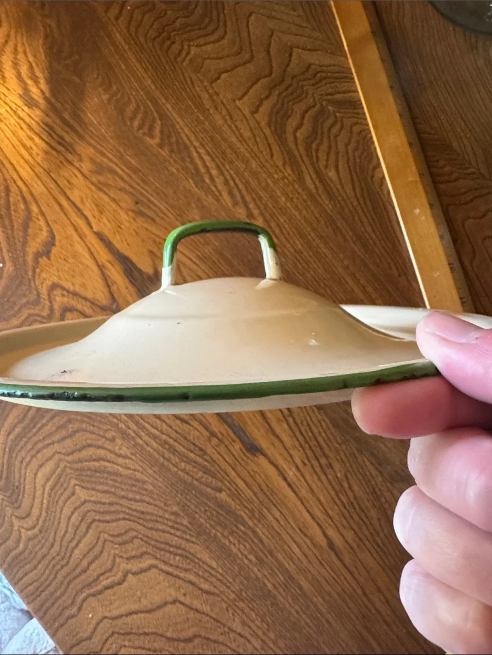 30’s-50’s era Enamel lid only for pan or stockpot in cream and green country MCM